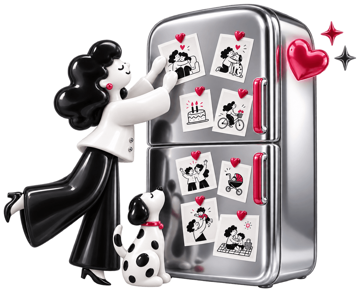 A figurine on tiptoe sticks one more photo print onto a chrome fridge already covered in prints, while her spotted dog looks up