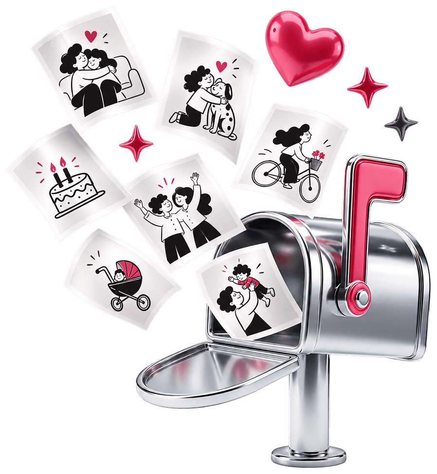 A chrome mailbox throwing photo prints into the air, each print a small drawing of a family moment, a red heart floating above